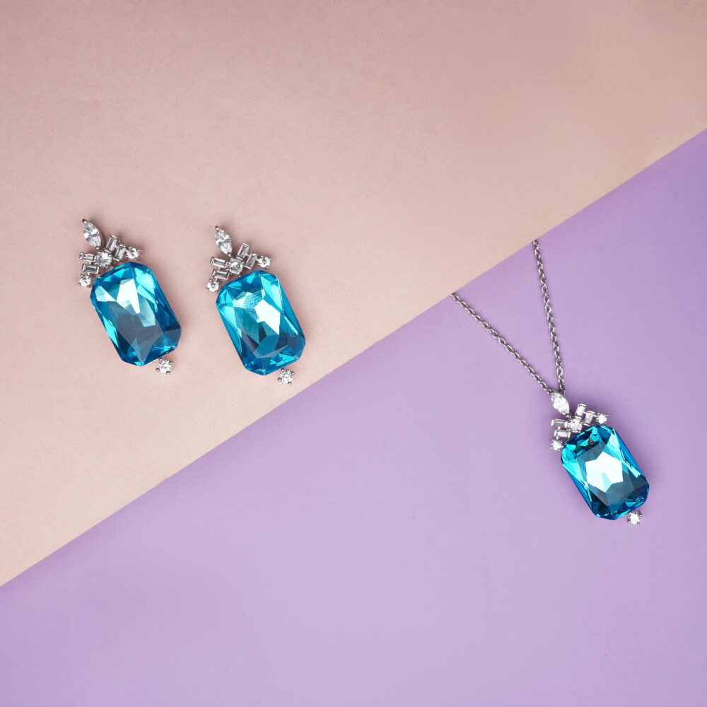 Swarovski Lake Blue Silver Platted Crystal Pendant with Earrings