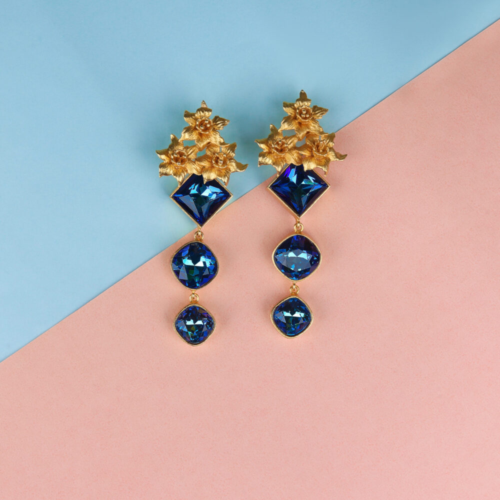 Royal Blue Designer Stone Gold Plated Drop Earrings