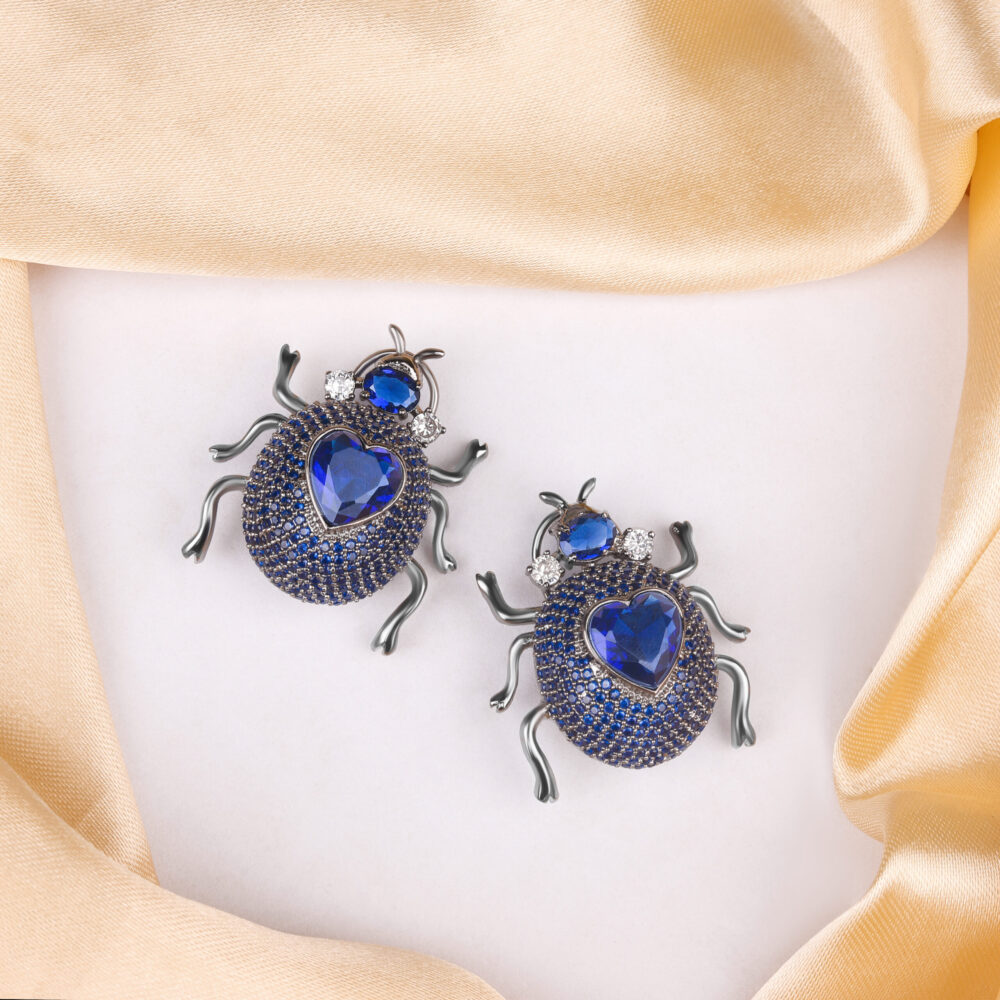 Blue Lady Bug Stone Stud Earrings